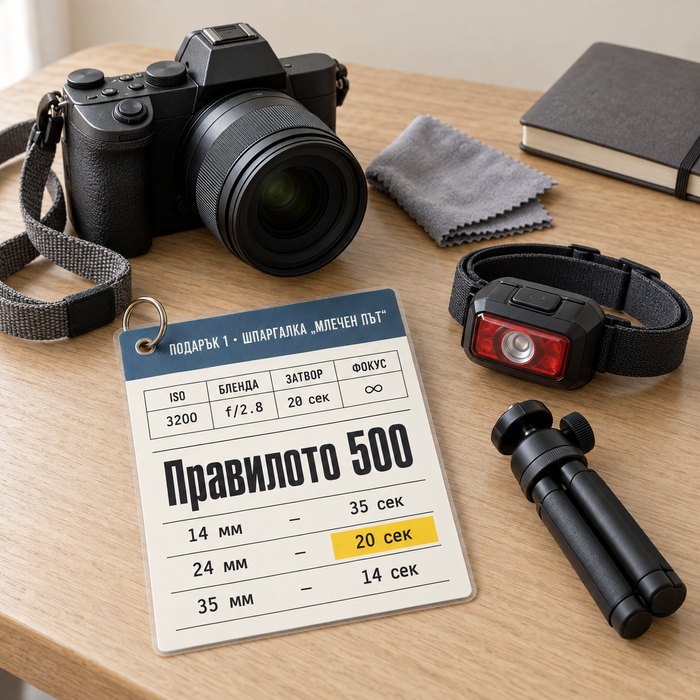 Шпаргалка „Млечен път“: таблицата с правилото 500 на една шпаргалка, до апарат