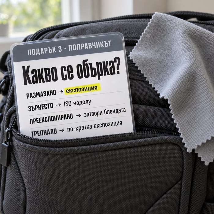 Поправчикът: лист в джоба на фотографската чанта, с редовете за поправка