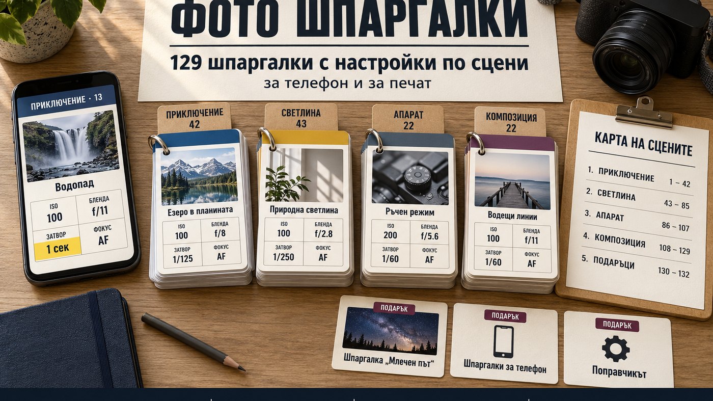 Целият пакет на масата: телефонът с една шпаргалка, 129-те шпаргалки по сцени, Картата на сцените и 3-те подаръка, до един фотоапарат