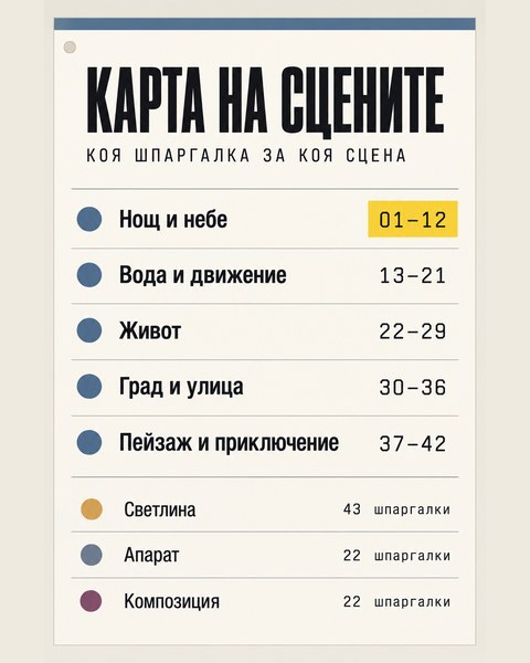 Картата на сцените: коя шпаргалка за коя сцена