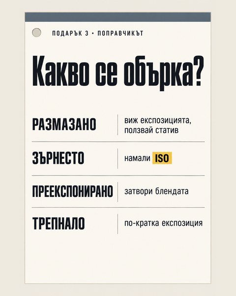 Поправчикът: размазано, зърнесто, преекспонирано, трепнало